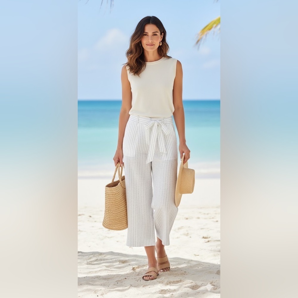 L.L.Bean NWT 100% Linen Wide Leg Cropped Pants White Pin Stripe Size 12